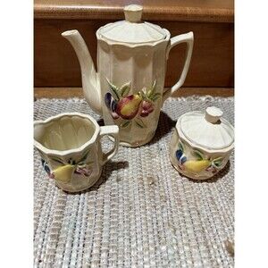Royal Sealy 50s Japanese Tea Set Plum & Pear Motif Teapot, Sugar, & Creamer